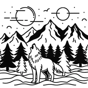 Howling wolf coloring page in snowy landscape with pine trees and mountains coloring page