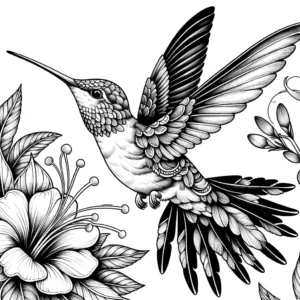 Hummingbird coloring page with detailed feathers and delicate wings hovering near a blooming flower coloring page