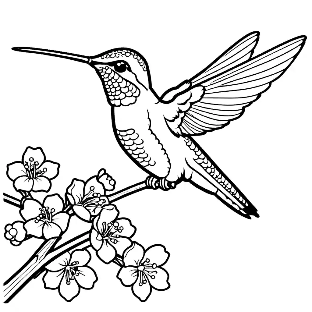 Hummingbird perched on cherry blossom tree coloring page