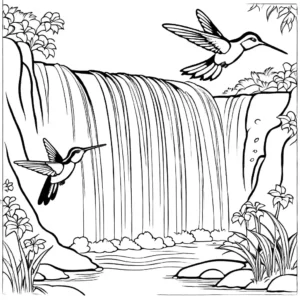Scenic view of hummingbirds by waterfall coloring page