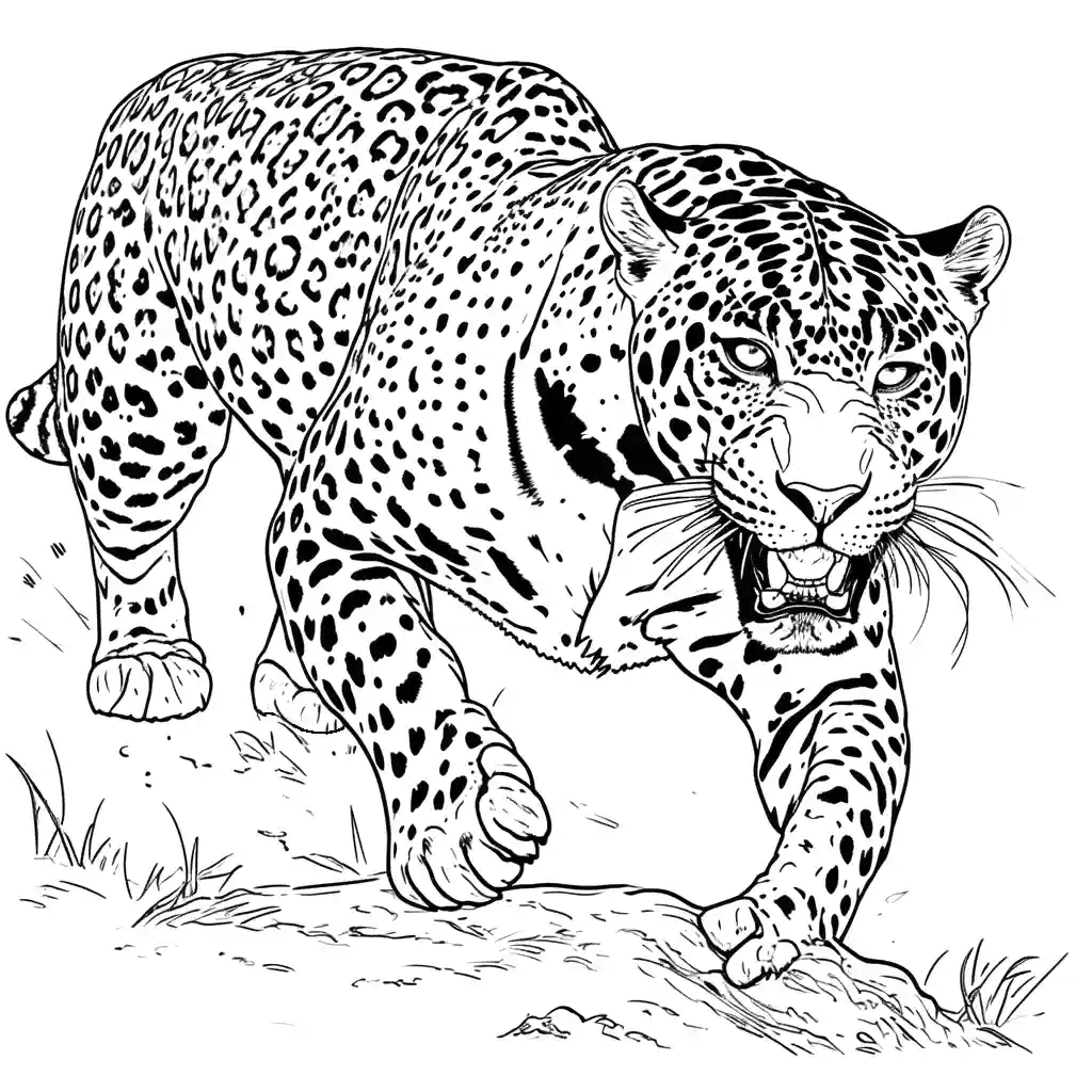 Jaguar with focused eyes hunting prey coloring page