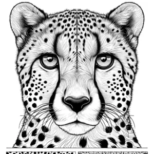 Close-up of a Cheetah's face with intense eyes and prominent spots coloring page