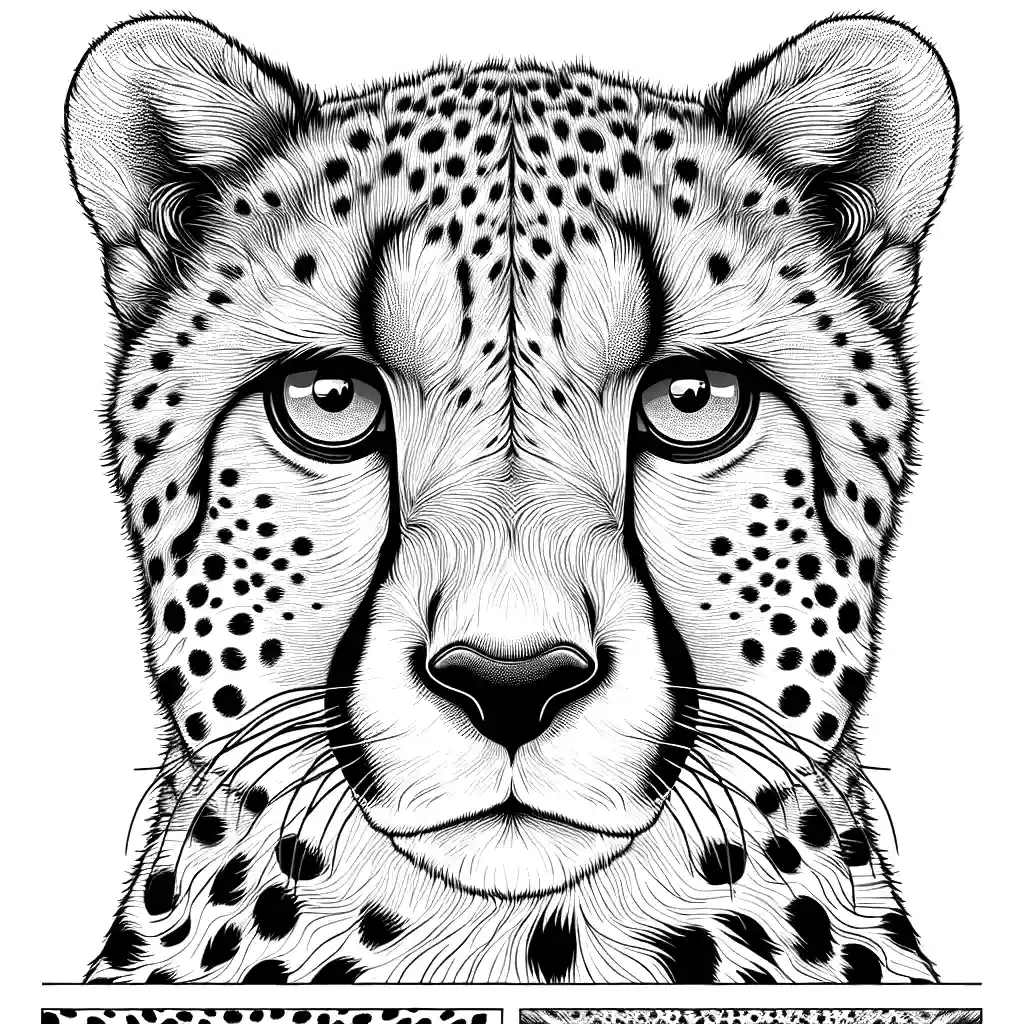 Close-up of a Cheetah's face with intense eyes and prominent spots coloring page