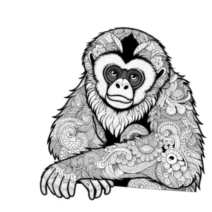 Detailed outline of a Gibbon with intricate patterns on its fur coloring page