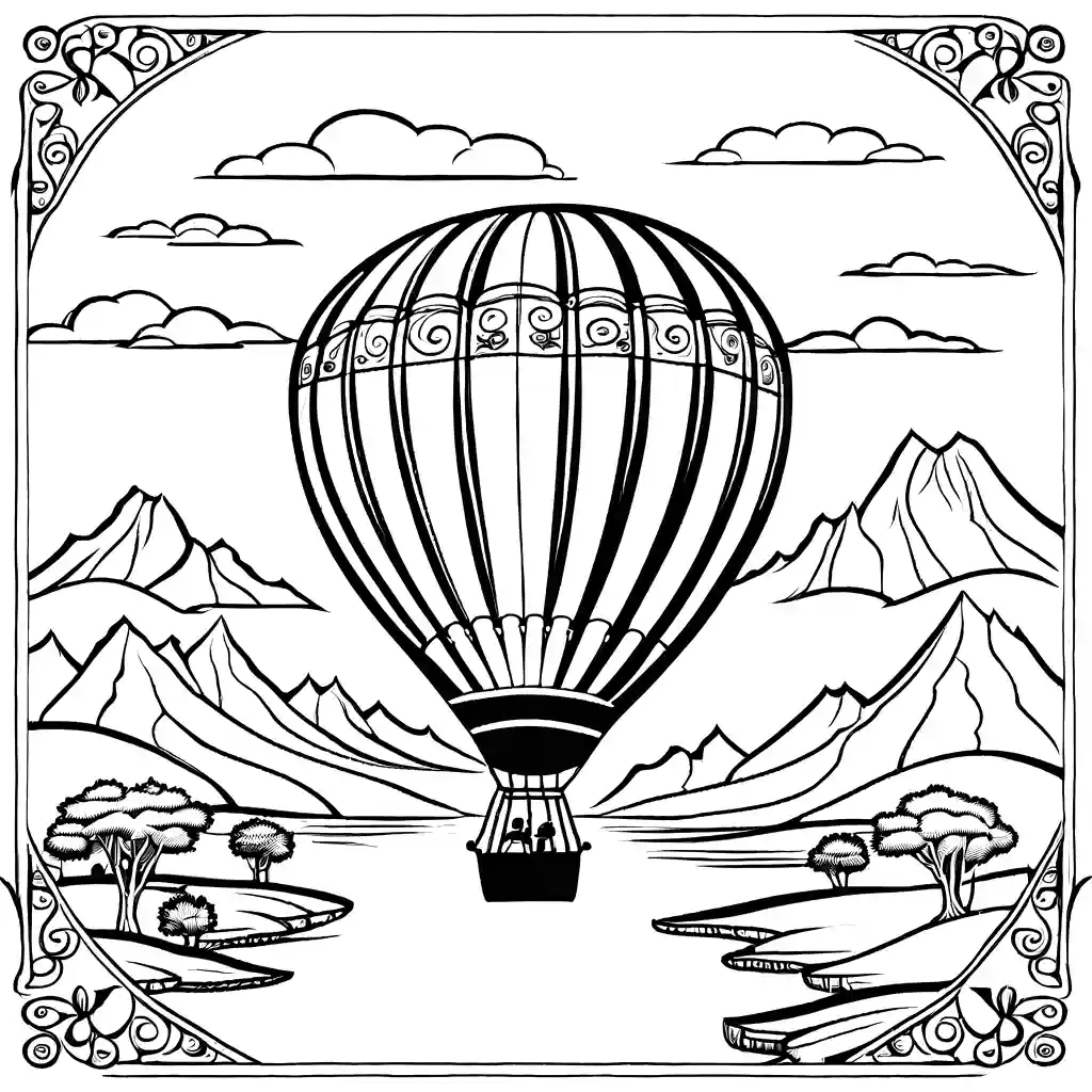 Detailed intricate patterned hot air balloon flying over scenic landscape coloring page