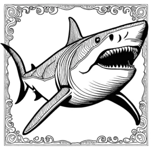 Detailed megalodon shark swimming in deep ocean coloring page