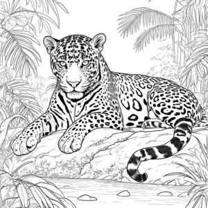 Jaguar resting in lush green tropical rainforest coloring page