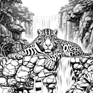 Fierce jaguar on rocky ledge overlooking a waterfall coloring page