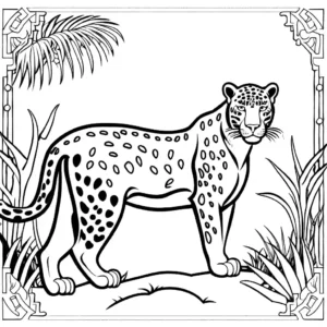 Jaguar outline in jungle scene coloring page