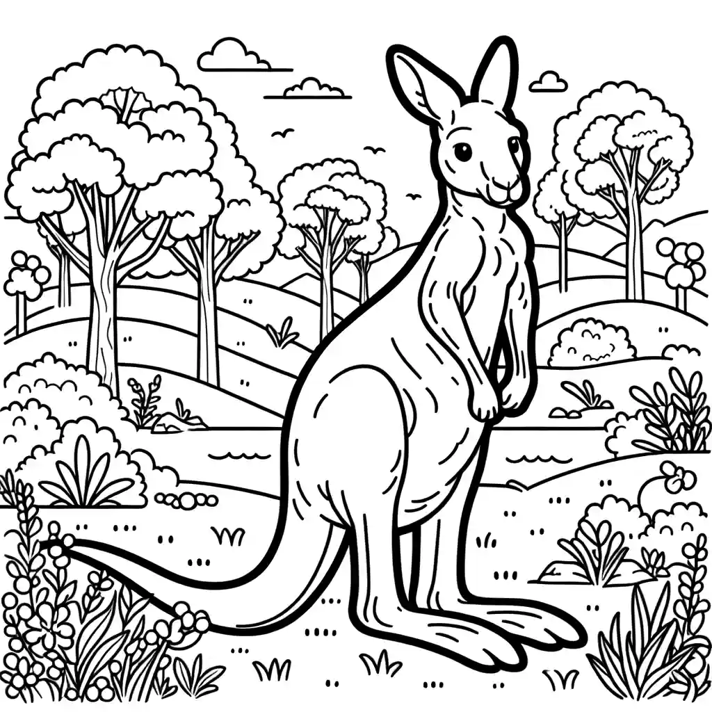 Kangaroo standing on hind legs in nature coloring page