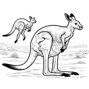 Kangaroo and joey hopping in outback coloring page