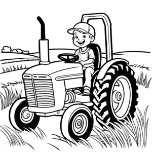 Smiling kid enjoying tractor ride in a field coloring page