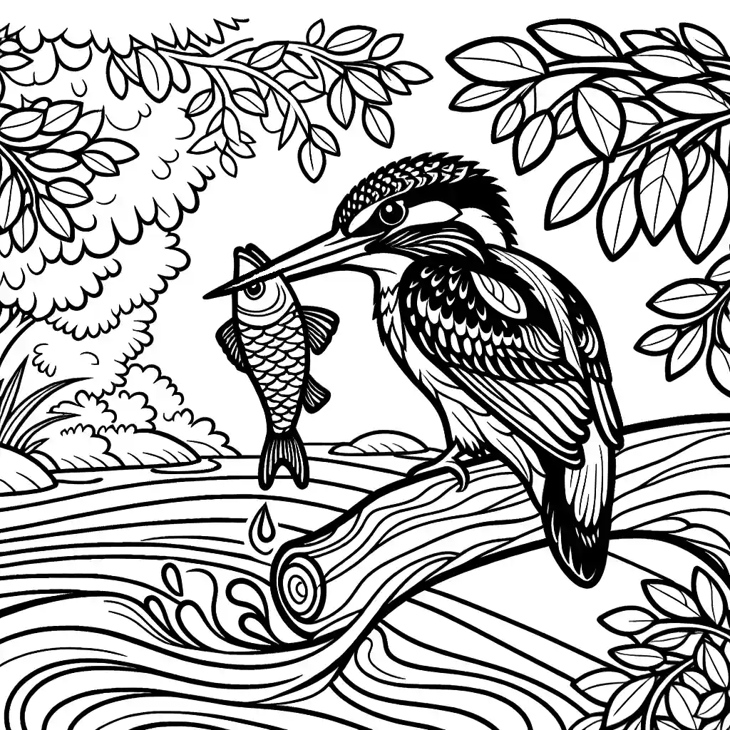 Kingfisher bird perched on branch with fish in its beak overlooking a stream - coloring page