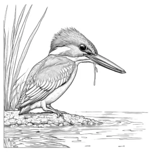 Kingfisher bird coloring page hunting for fish by water's edge coloring page