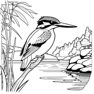 Kingfisher coloring page with lush greenery and rocky stream coloring page
