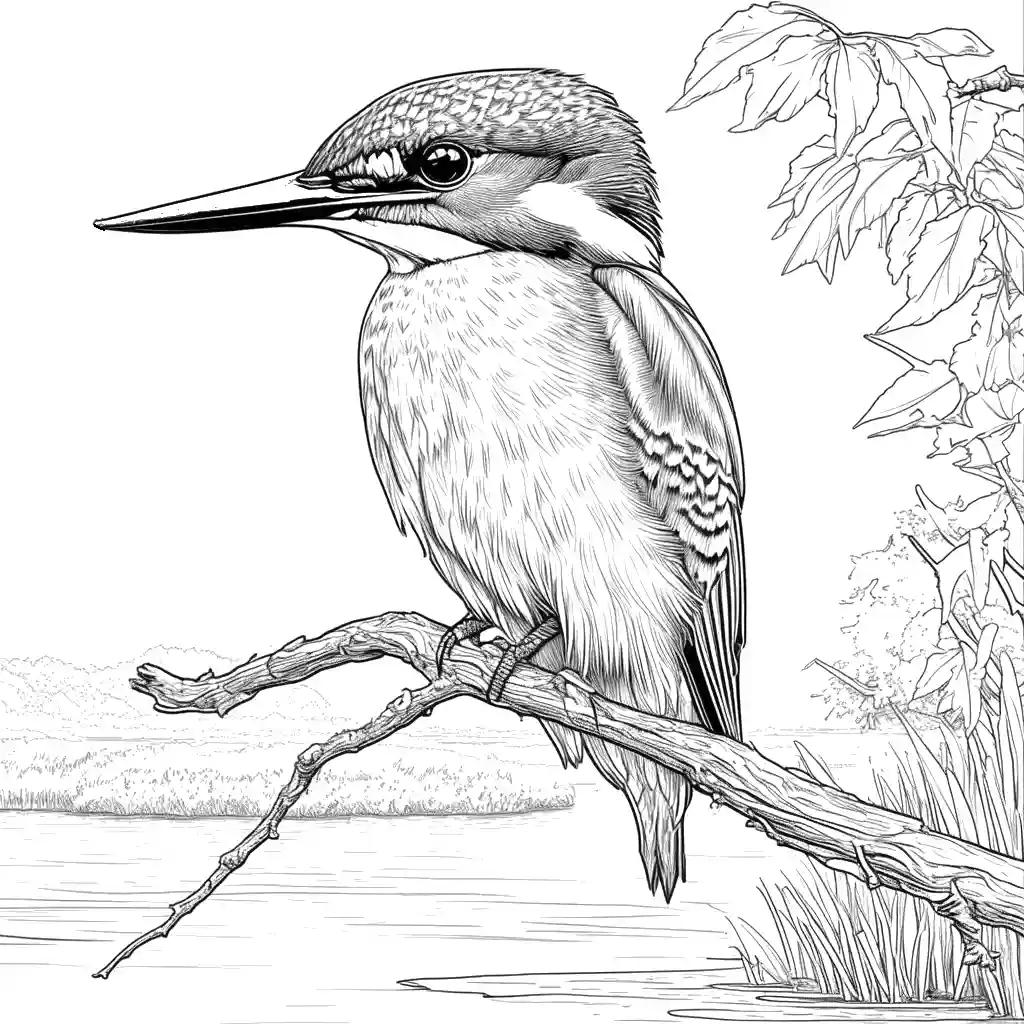 Kingfisher bird coloring page perched on a branch with river scenery coloring page