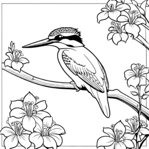 Kingfisher coloring page with foliage and flowers coloring page