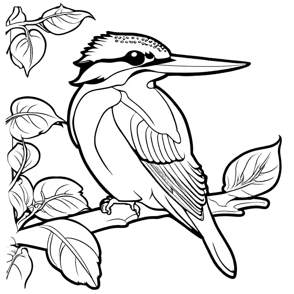 Kingfisher coloring page with cascade of colorful leaves in the background coloring page