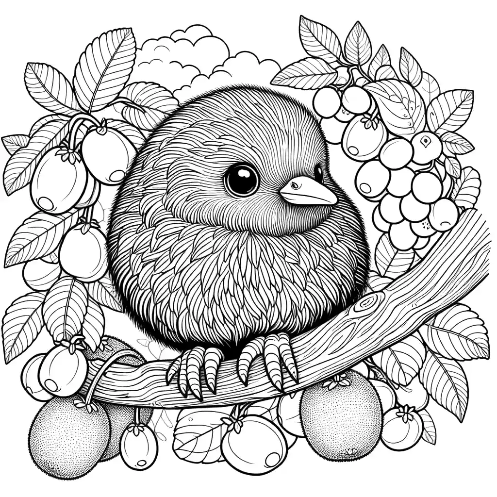 Kiwi bird sitting on a tree branch surrounded by leaves and fruits, perfect for coloring activity coloring page