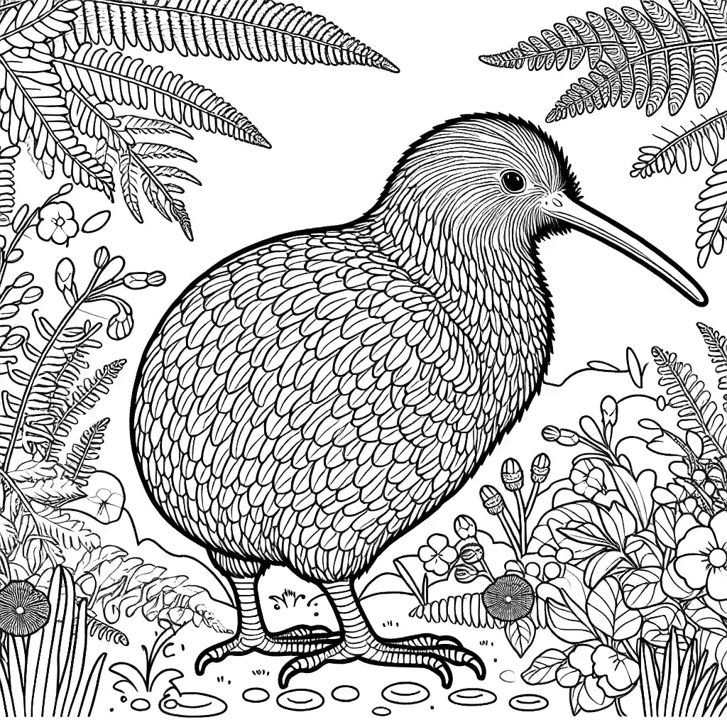 Kiwi bird line drawing surrounded by fern leaves and flowers coloring page