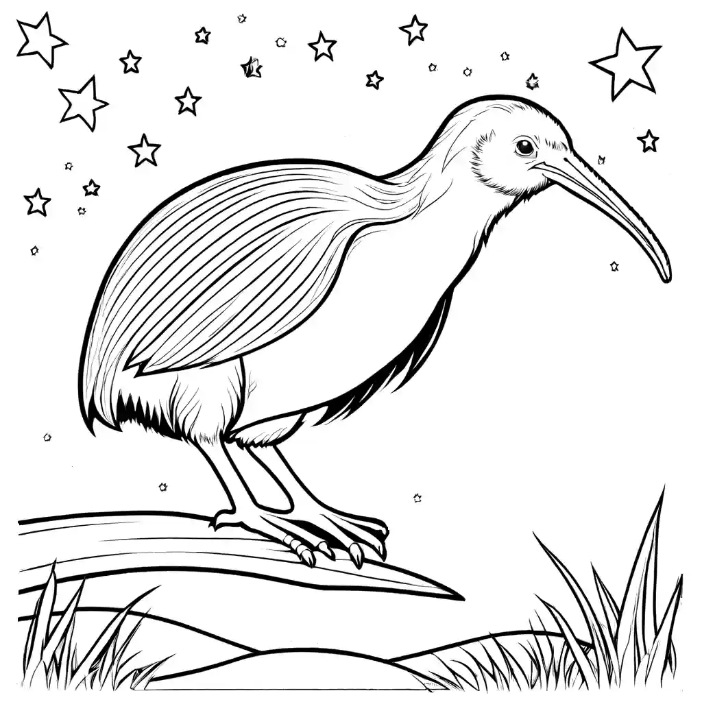 Kiwi bird coloring page looking up at the starry night sky coloring page