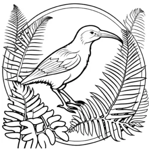 Kiwi bird coloring page surrounded by fern leaves in the forest coloring page