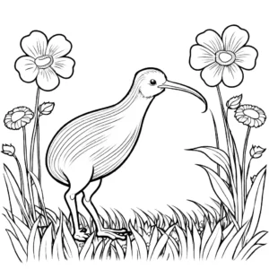 Kiwi bird coloring page happily walking through a field of flowers coloring page