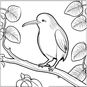 Kiwi bird coloring page standing on a branch with leaves coloring page