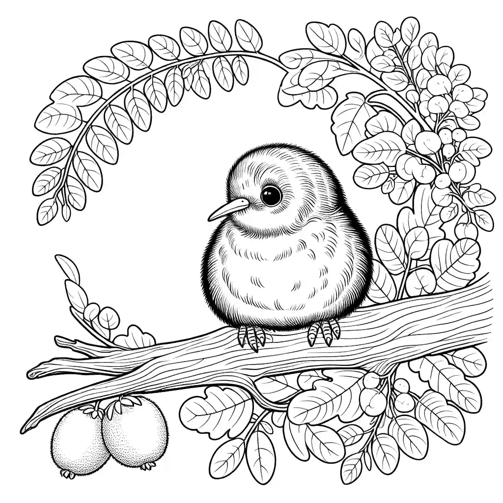 Kiwi Bird coloring page on a tree branch coloring page
