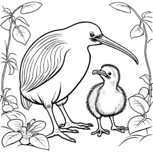 Kiwi bird coloring page with its chick in a loving and protective posture coloring page