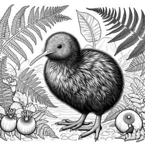 Kiwi bird standing on the ground surrounded by native New Zealand flora coloring page