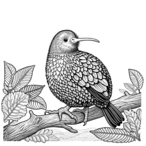 Kiwi bird coloring page with leaves and tree branch coloring page