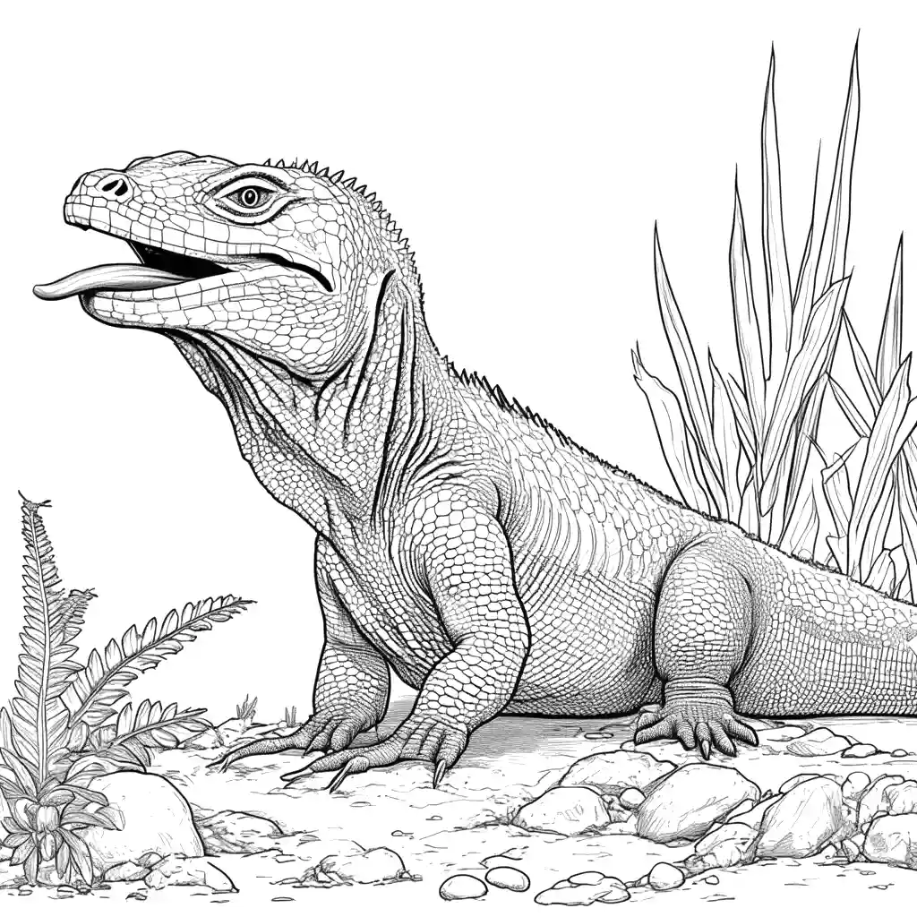 Komodo Dragon sticking out its tongue in a natural habitat coloring page