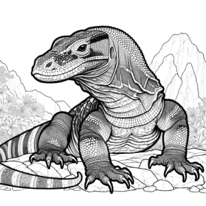 Detailed sketch of komodo dragon on rocky terrain coloring page