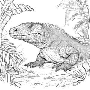 Komodo Dragon sitting in lush green jungle - coloring page