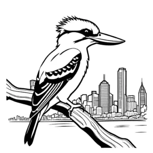 Kookaburra bird coloring page with city skyline in background coloring page