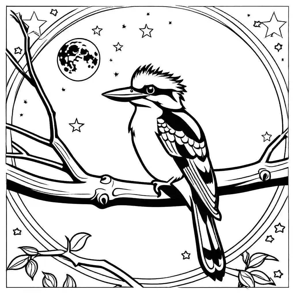 Kookaburra bird coloring page with full moon and stars in the night sky coloring page