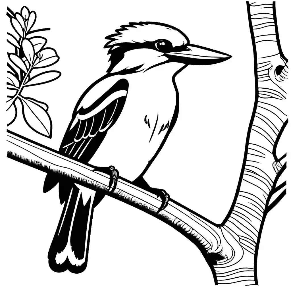 Kookaburra bird coloring page on eucalyptus branch with leaves coloring page