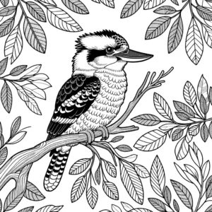 Kookaburra bird perched on a tree branch with leaves against a clear sky background coloring page