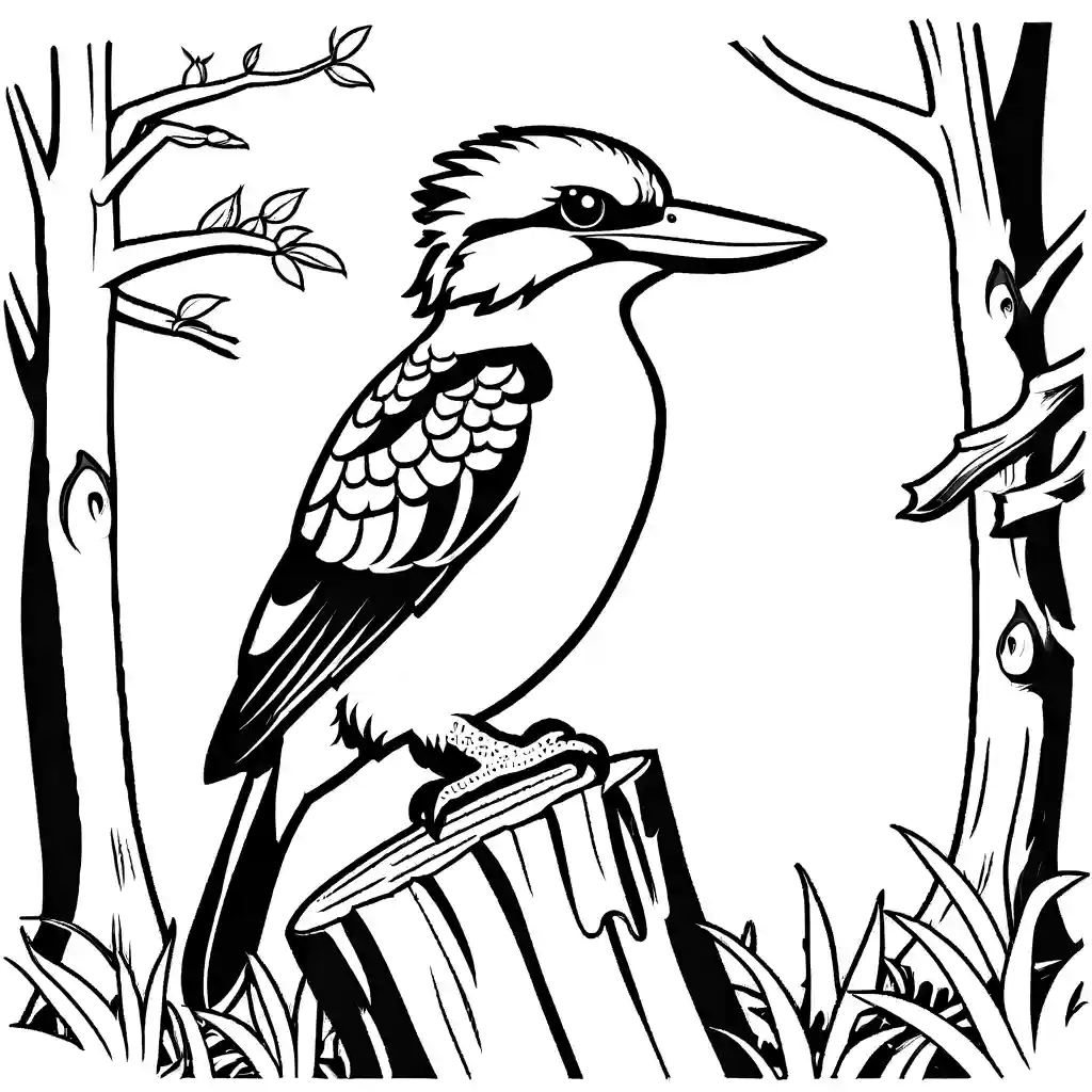 Kookaburra bird coloring page in forest setting coloring page