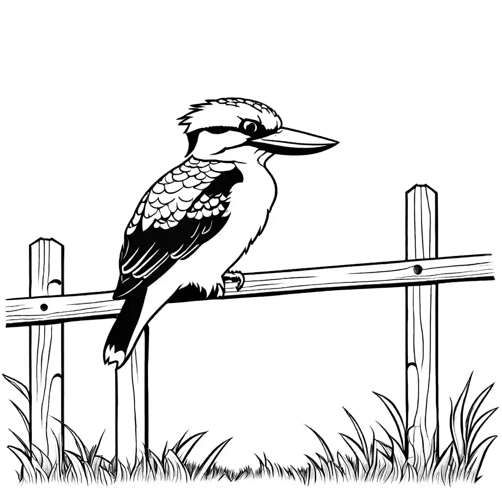 Kookaburra bird coloring page on fence with countryside background coloring page