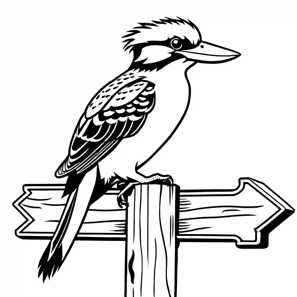 Kookaburra bird coloring page on signpost with direction arrows coloring page