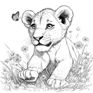 Playful lion cub coloring page pouncing on butterfly coloring page