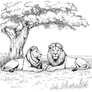 Lion family coloring page in the African grasslands coloring page