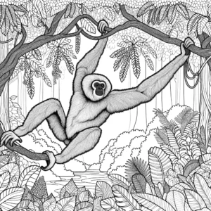 Gibbon swinging through the trees in a rainforest coloring page