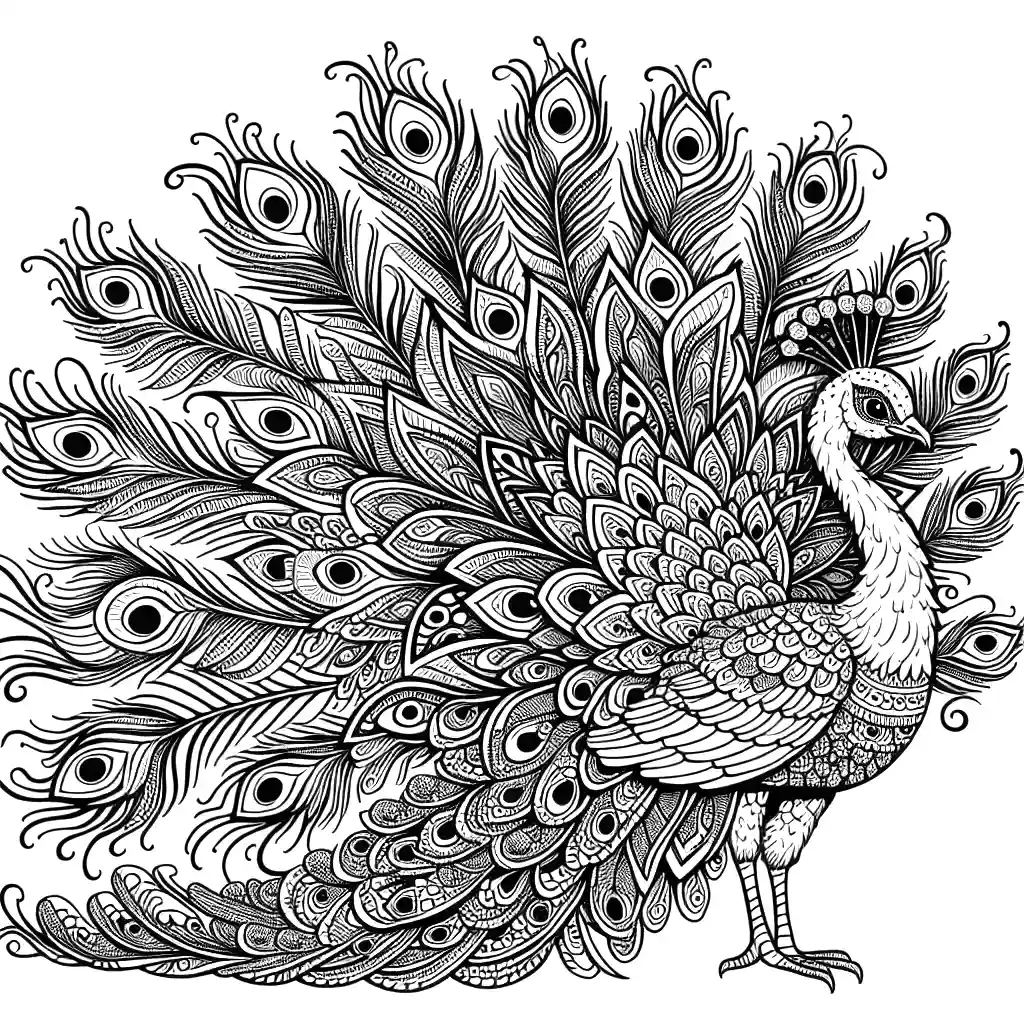 Majestic peacock with spread out feathers coloring page