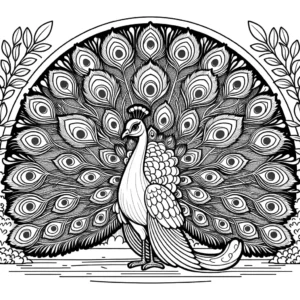 Peacock coloring page with spread out feathers in a garden coloring page