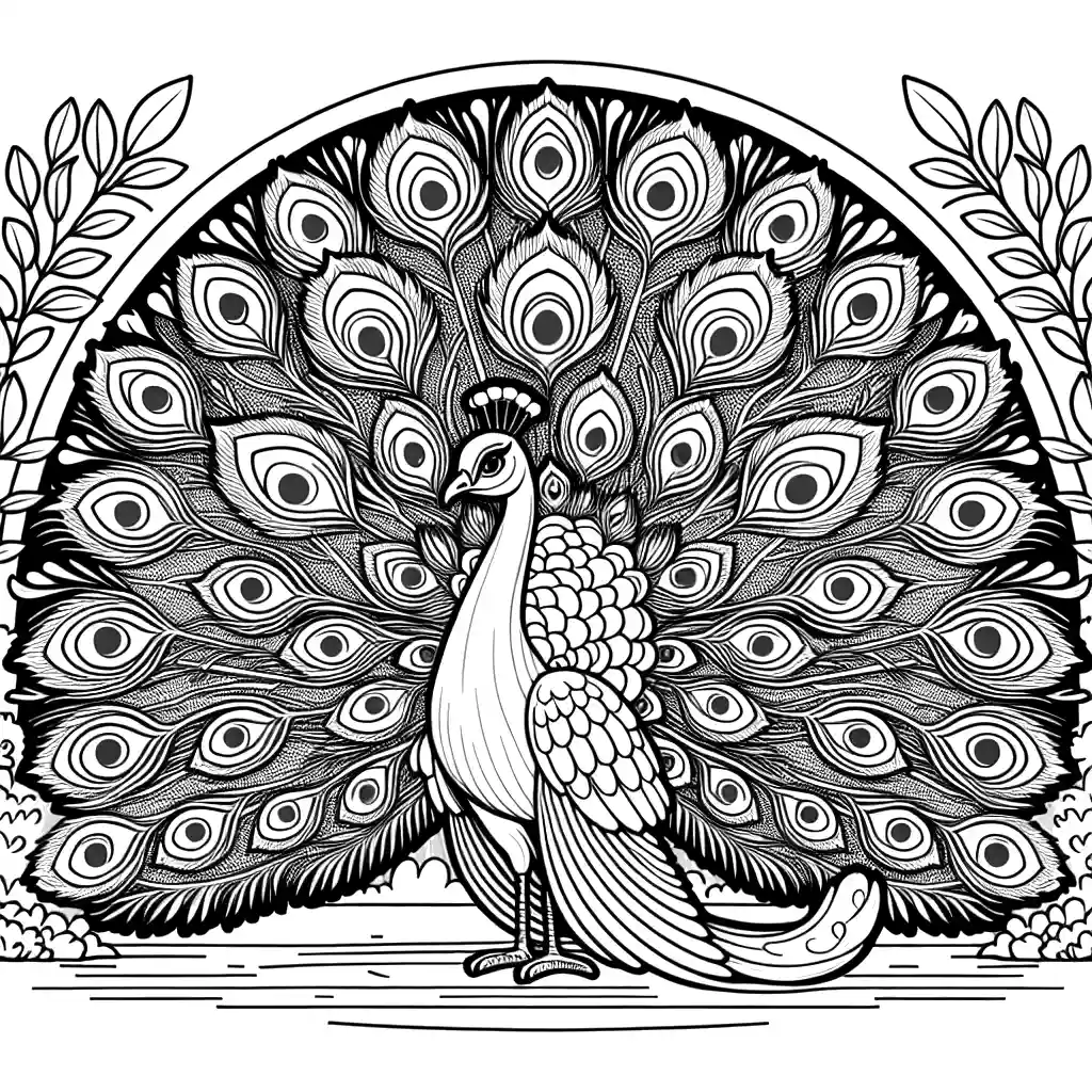 Peacock coloring page with spread out feathers in a garden coloring page