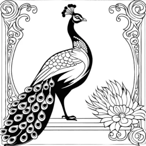 Coloring page featuring a majestic peacock with an elegant long tail coloring page