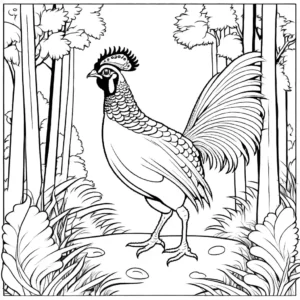 Coloring page of a majestic Pheasant with vibrant plumage in the forest coloring page